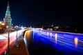 Moscow Kremlin and ships on Moskva river. Time-lapse Royalty Free Stock Photo