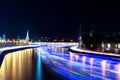 Moscow Kremlin and ships on Moskva river. Time-lapse Royalty Free Stock Photo