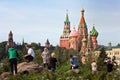 Moscow Kremlin and St. Basil`s Cathedral view in new Zaryadye Park, urban park located near Red Square in Moscow, Russia Royalty Free Stock Photo