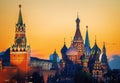 The Moscow Kremlin and St. Basil's Cathedral on Red Square in Moscow, Russia. Landscape at sunset. Royalty Free Stock Photo