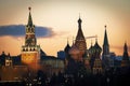 The Moscow Kremlin and St. Basil's Cathedral on Red Square in Moscow, Russia. Landscape at sunset. Royalty Free Stock Photo