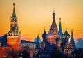 The Moscow Kremlin and St. Basil's Cathedral on Red Square in Moscow, Russia. Landscape at sunset. Royalty Free Stock Photo