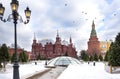 Moscow, Kremlin towers, historical Museum building, birds in the sky over red square, winter, Moscow Kremlin view Royalty Free Stock Photo