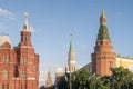 Moscow Kremlin towers and State Historical Museum at Red Square. Focus on foreground towers Royalty Free Stock Photo