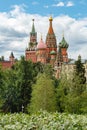 Moscow landscape park Zaryadye with St. Basil`s Cathedral on Red Square and the Kremlin