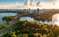 Moscow landscape at sunset, Russia. Scenic aerial view of Strogino district