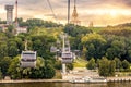Moscow landscape at sunset, Russia. View of cable car and Moscow State University on Sparrow Hills