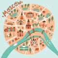 Moscow map illustration in cute cartoon style with doodle details Royalty Free Stock Photo