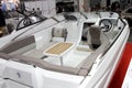 Boat Jeanneau Cap Camarat cockpit interior at the 10 International boat show in Moscow. Russia. Royalty Free Stock Photo