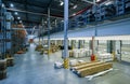 Industrial goods are in the large warehouse