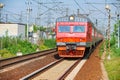 MOSCOW, MAY, 18, 2018: Diagonal wide view on electric commuter train ET2M runs on rail way tracks. Russian railways modern passeng