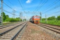 MOSCOW, MAY, 18, 2018: Diagonal wide view on electric commuter train ET2M runs on rail way tracks. Russian railways modern passeng