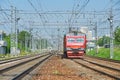 MOSCOW, MAY, 18, 2018: Diagonal wide view on electric commuter train ET2M runs on rail way tracks. Russian railways modern passeng Royalty Free Stock Photo