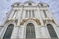 Moscow, May 8, 2023. facade Cathedral of Christ Savior in Moscow against cloudy sky