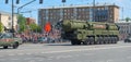 MOSCOW, MAY, 9, 2018: Great Victory holiday parade of Russian military vehicle: anti-aircraft weapon missile system RS-24 Yars. La