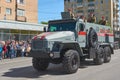 MOSCOW, MAY, 9, 2018: Great Victory holiday parade of Russian military vehicle URAL 432009-0020-73 for troopers transportation. Ce