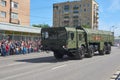 MOSCOW, MAY, 9, 2018: Great Victory holiday parade of Russian military vehicles air defence missile tank Iskander M 9K72. Tanks on