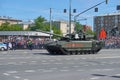 MOSCOW, MAY, 9, 2018: Great Victory holiday parade of Russian military vehicles. Tanks on city streets and celebrating people, Vic