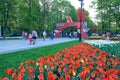 MOSCOW, MAY, 9, 2018: Great Victory May 9 holiday red star decoration and flowers field at the main entrance to city park Ostankin