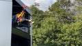 MOSCOW - MAY 15, 2018: people on the attraction ride down the cable bungee on May 15, 2018 in Moscow, Russia