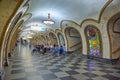 MOSCOW, MAY, 13, 2018: People diversity at russian subway metro station. Group of people walking on a subway platform in Russian m Royalty Free Stock Photo