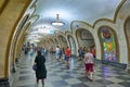 MOSCOW, MAY, 13, 2018: People diversity at russian subway metro station. Group of people walking on a subway platform in Russian m Royalty Free Stock Photo