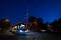 MOSCOW, MAY, 9, 2018: View of russian modern tramway at end station with front lights and TV tower Ostankinskaya bashnya Ostankin