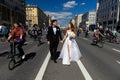 MOSCOW - MAY 21, 2022: Wedding couple during Bicycle parade in the center of Moscow on May 21, 2012, Moscow, Russia