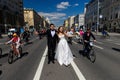 MOSCOW - MAY 21, 2022: Wedding couple during Bicycle parade in the center of Moscow on May 21, 2012, Moscow, Russia