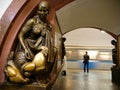 Moscow metro PLOSHCHAD REVOLUTYSII station beautiful bronze statue interior decoration, Russia