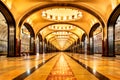 Moscow Metro station `Mayakovskaya`. One of the oldest and most beautiful stations. July 2020, Moscow, Russia