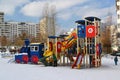 Moscow, Moscow - February 20.2016. Playground structure in courtyard of a multistory apartment building