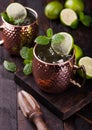 Moscow mule cocktail in a copper mug with lime and mint and wooden squeezer on dark wooden background