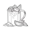 Moscow Mule cocktail with ice and lime in copper mug, black and white vector illustration in sketch style