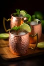 Moscow Mule cocktail with lime and mint in copper mug on a table, black background. Refreshing drink close-up. Summer beverage Royalty Free Stock Photo