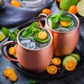 Moscow mule cocktail with lime, mint, cucumber and kumquat Royalty Free Stock Photo