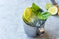 Moscow Mule Cocktail with Lime, Mint Leaves and Crushed Ice in Metal Cup. Royalty Free Stock Photo