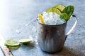 Moscow Mule Cocktail with Lime, Mint Leaves and Crushed Ice in Metal Cup. Royalty Free Stock Photo