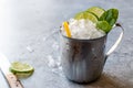 Moscow Mule Cocktail with Lime, Mint Leaves and Crushed Ice in Metal Cup. Royalty Free Stock Photo