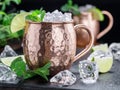 Moscow Mule. Frosty copper mug with lime and ice cubes Royalty Free Stock Photo