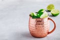 Moscow mule ice cold cocktail in copper cup with lime and and mint on gray stone background