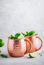 Moscow mule ice cold cocktail in copper cup with lime and and mint on gray stone background