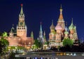 Moscow night cityscape with Cathedral of Vasily the Blessed Saint Basil`s Cathedral and Spasskaya Tower of Moscow Kremlin on Re Royalty Free Stock Photo