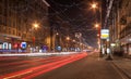 Moscow night cityscape with street traffic.