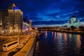 Moscow night landscape with road and river and church of Christ