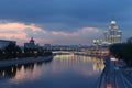 Moscow night view with Kotelnicheskaya skyscraper, river and downtown