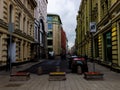 Moscow, Nikolskaya street / Russia - 7 January 2020: Big Cherkassky Lane view from Nikolskaya street. Royalty Free Stock Photo