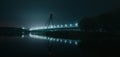 Moscow North bridge, night panorama on illuminated construktion with beautiful reflections Royalty Free Stock Photo