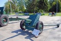 The Village Dubosekovo. 45-mm anti-tank gun `Sorokopyatka `53-K sample of 1937 near the memorial `Panfilov Heroes`.