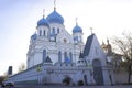 Cathedral of Icon of Our Lady of Iveron in Nikolo-Perervinsky monastery in Moscow. Sunny autumn view.